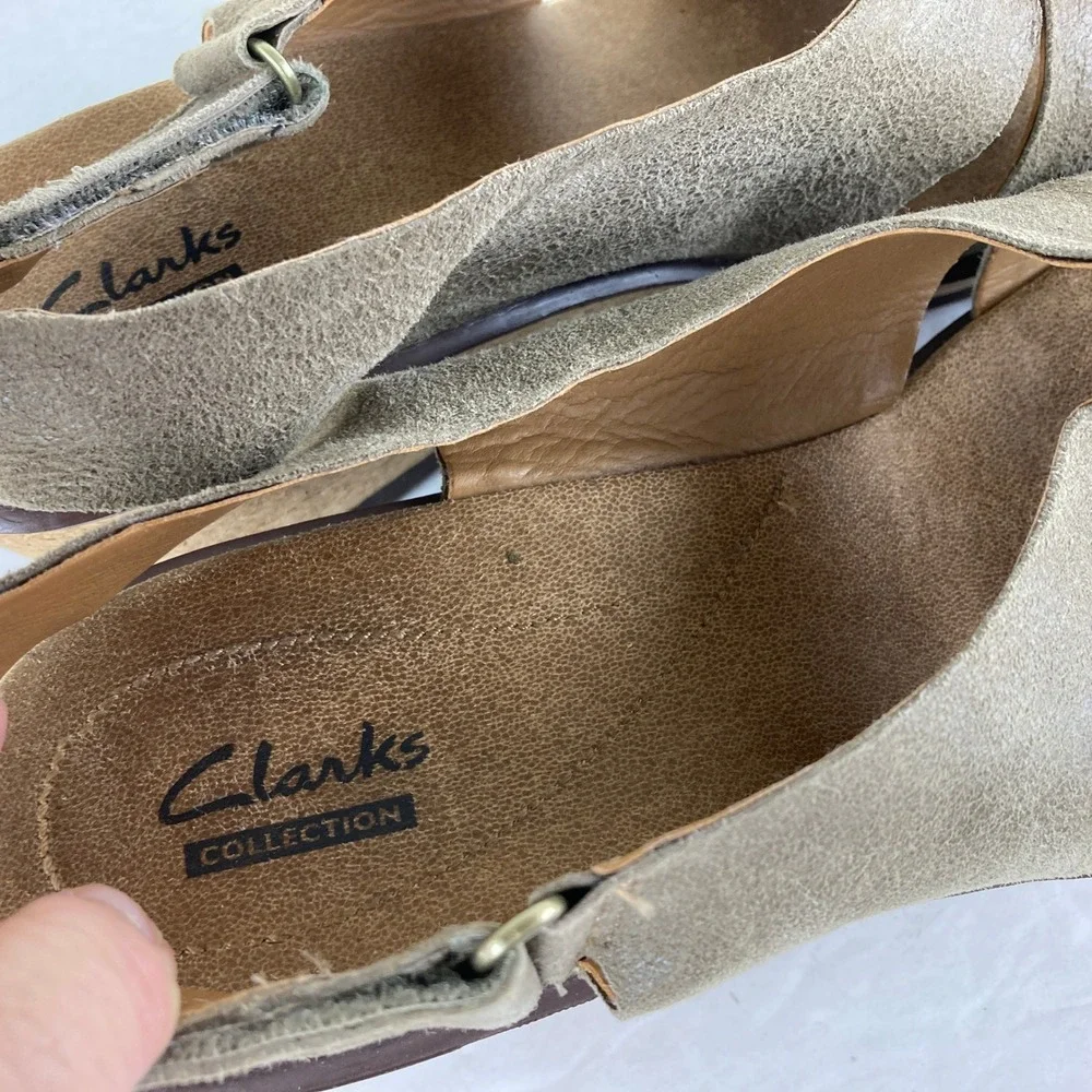 Clarks Wedge Sandals Womens 9M Taupe Grey Leather Cork Platform Slingback - Picture 5 of 8